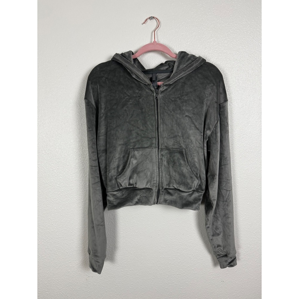 SKIMS Velour Hoodie Womens Large Gray Full Zip Cropped Velour Jacket Loungewear